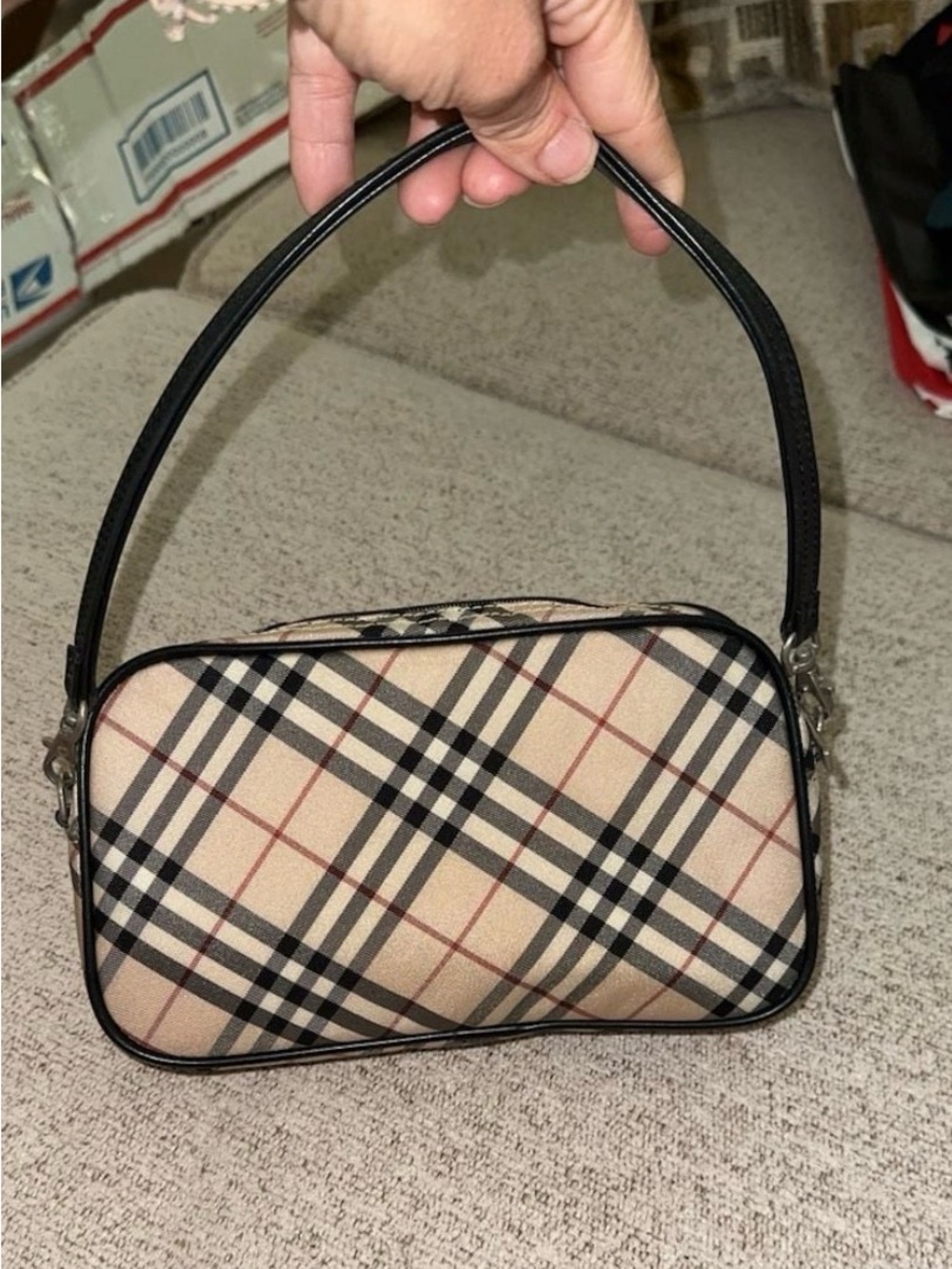 Burberry Beige Plaid Shoulder Bag with Black Trim